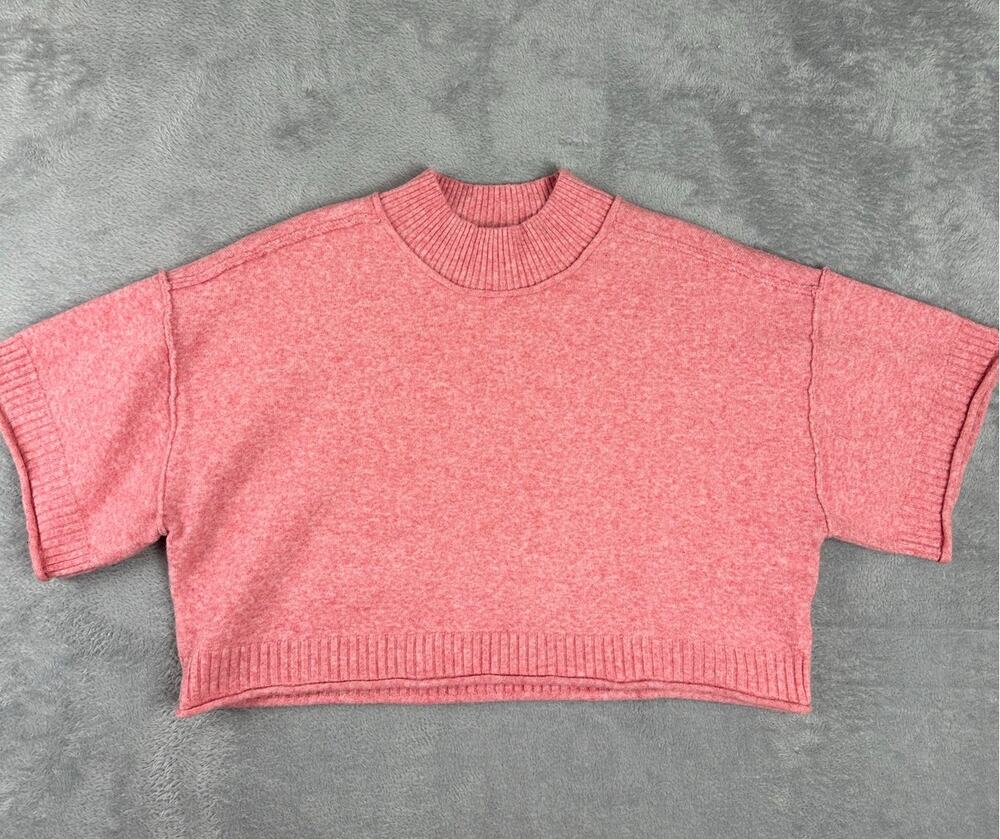 & Merci Pink Cropped Knit Wool Blend Short Sleeve High Neck Sweater Boxy Small